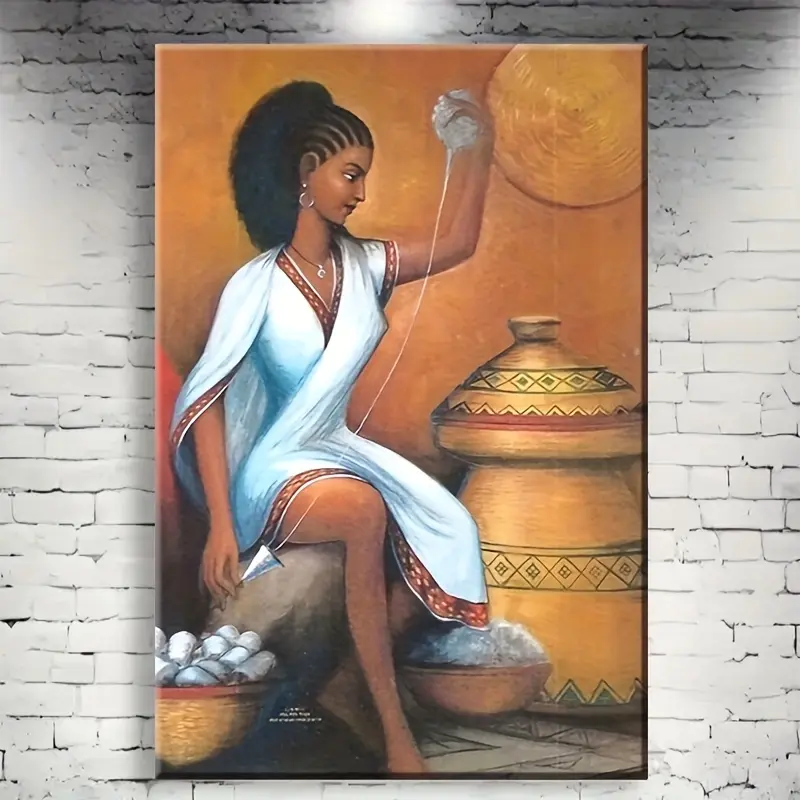 Ethiopian Cultural Handwoven Wall Art, Vintage Oil Canvas Hanging Decoration for Living Room, Ready-to-Hang Home Decor Gift for Friends Family, Unframed