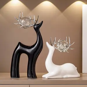 Two modern ceramic elk crystal ball ornaments, suitable for living rooms, wine cabinets, TV cabinets - luxury home decoration