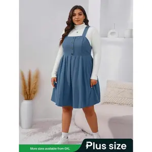 Plus Size Solid Button Front Plicated Pinafore Dress without Inner Top, Homecoming Dresses, Casual Sleeveless High Waist Dress for Spring & Fall, Women's Clothes for Daily Wear, Dresses for Women, Womenswear