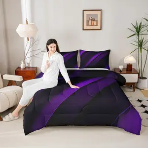 Geometric Stripes Comforter Set,Purple and Black Bedding Set for Adults Teens,Children Modern Art Comforter Luxury Lines Art Quilt Set,Room Decor