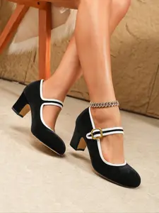 Women's Dark Green/Navy/Black Velvet Round Toe Chunky Heel Classic Mary Jane High Heels Adjustable Gold Buckle Contrast White Trim Comfortable Non-Slip Retro Elegant Flats Four Seasons Commute Office Party Wedding Wear
