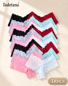 18 Pcs Women's  Solid Floral Lace Bow Decor Scallop Trim Panties, Casual Soft Comfy Breathable Drop Waist Knicker for Daily Wear, Ladies Underwear for All Seasons Everyday Wear