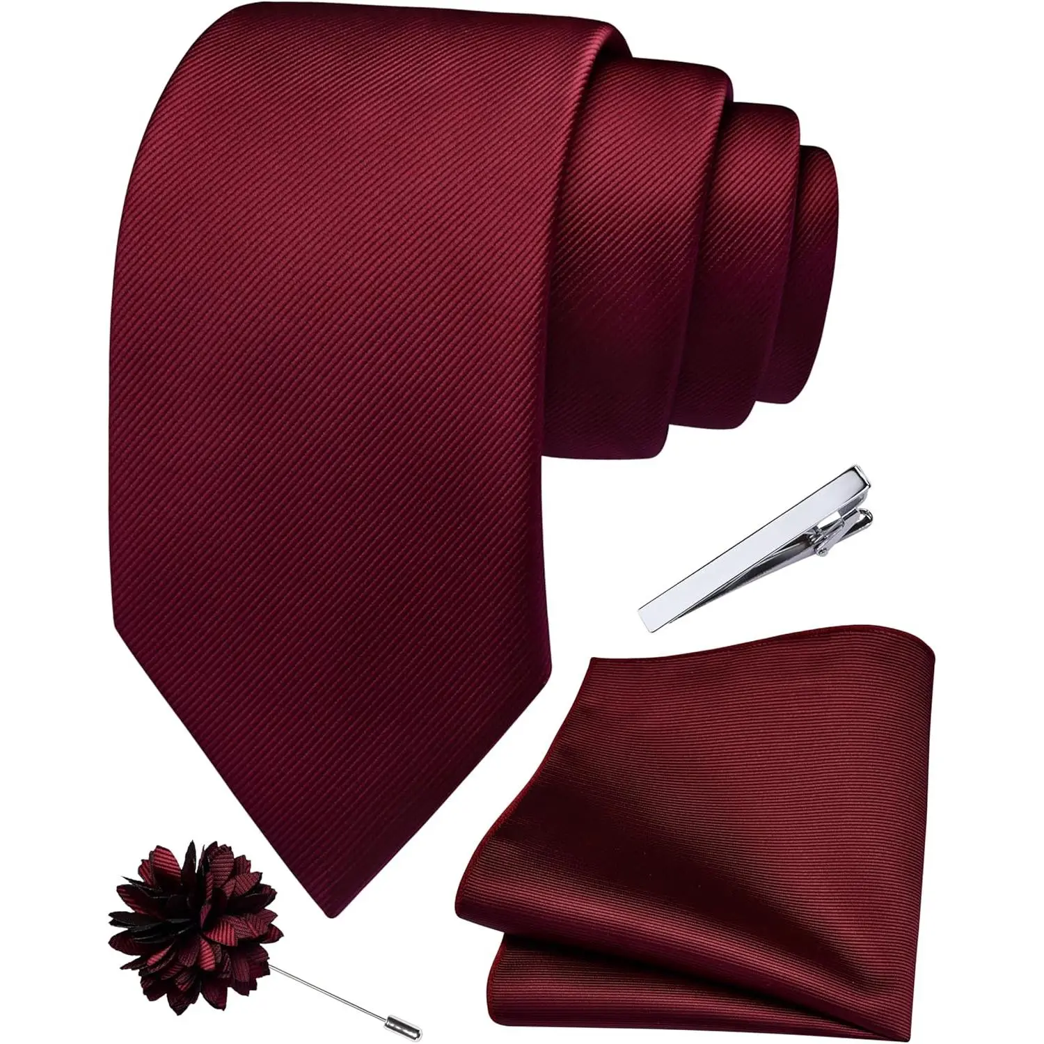 3.15"(8cm) Solid Formal Tie and Pocket Square Plain Necktie Lapel Pin and Tie Clip Set for Men Father's Day Gift
