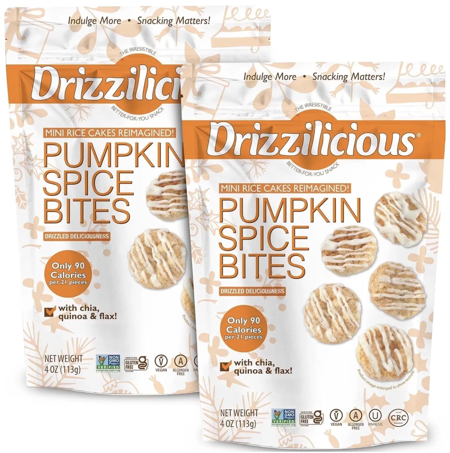 Drizzilicious Mini Rice Cakes, Pumpkin Spice Flavored Rice Cake Gluten Free Snacks, Rice Crisps 2-Pack 4 OZ