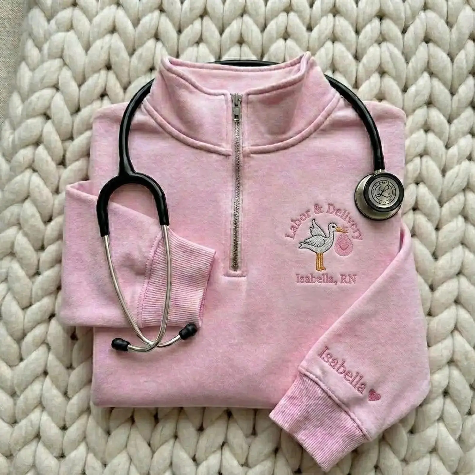 [MAKE IN US]Custom Labor And Delivery Nurse Embroidered Quater Zip Sweatshirt, L&D Nurse Gingham Applique Crewneck, Personalized Delivery Nursing Gift