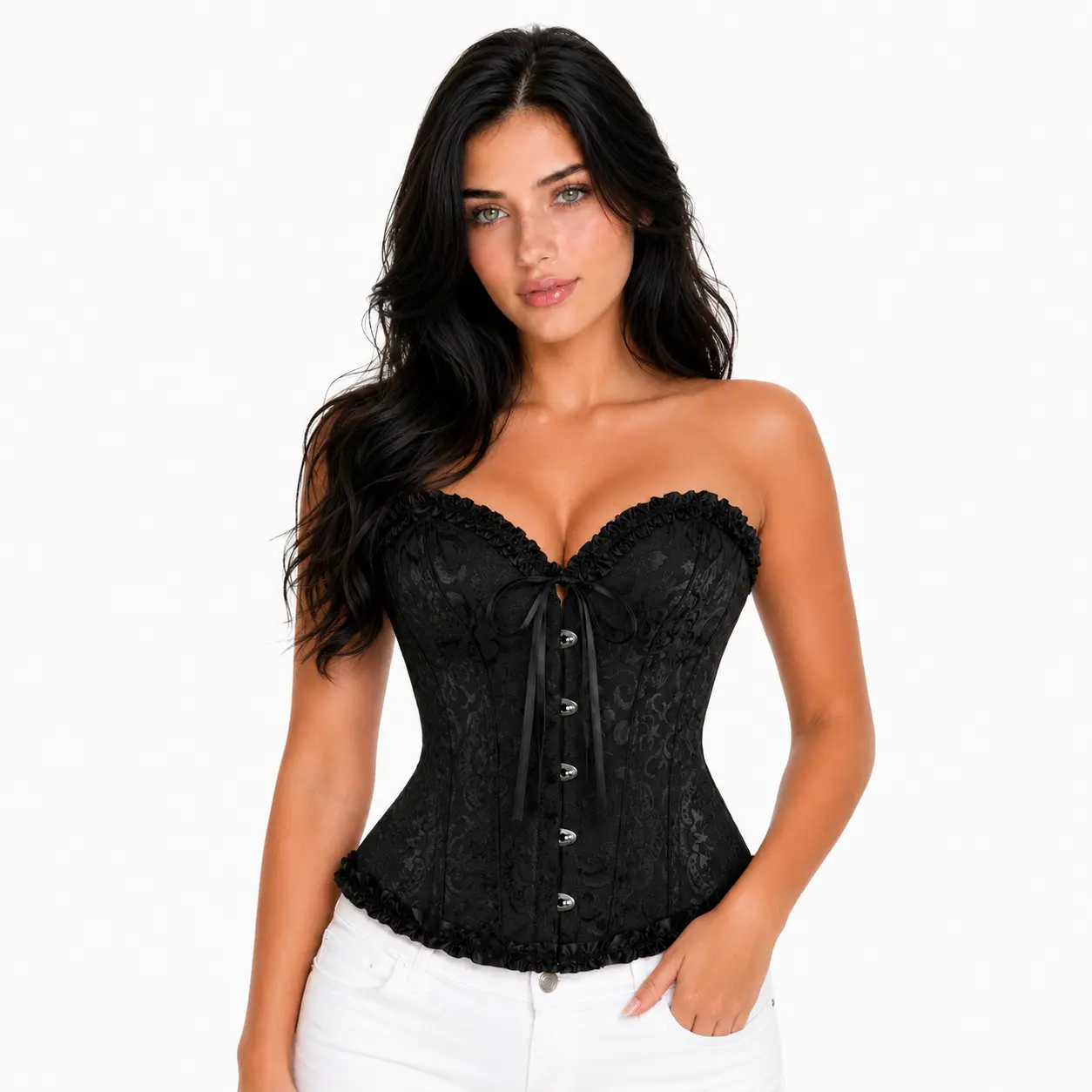 Women's Lace Up Boned Overbust Corset Bustier Lingerie Bodyshaper Top Halloween Gothic Party Outfit 819-T1 Ribbed Corset Design Ruched Waist Corset