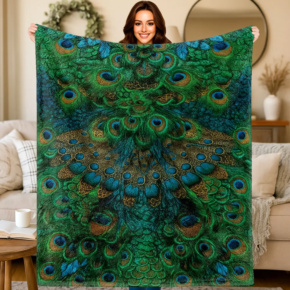 Peacock Blanket, Peacock Feather Throw Blanket, Green Boho Fleece Blanket for Couch Sofa Bed, Luxury Nature Animal Print Blanket, Elegant Home Decor, Exotic Bird Lover Gift, Cozy Soft Blanket for Bedroom Living Room