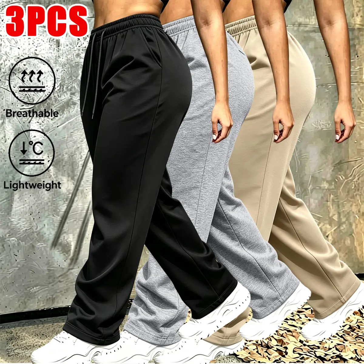 Women's 3-Pack Polyester Athletic Jogging Pants, All Seasons Athletic Wear with Drawstring Waistband & Zippered Pockets, Sporty Look Pants for Women Suitable for Running, Fitness, Outdoor Leisure, Zip Pockets