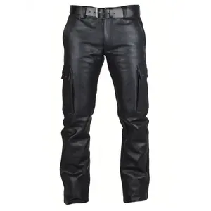 Men'S Faux Leather Pants, Casual Straight Leg, Motorcycle PU Leather, Multi-Pockets, Street Style, Solid Color, Regular Fit, Button Detail, Autumn/Winter Season, Stretch Fabric, Traditional Trachten Clothing Menswear Polyester