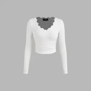 Cider [6 colors, size 0-10] V-neck Solid Bowknot Lace Ruched Long Sleeve Crop Top