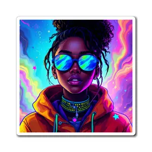 illustration dark skin african american tech genius teenage girl in psychedelic color palette, in the style of rainbowcore Vibrant Retro Art Magnet, Colorful Home Decor, Gift for Her, Cool Fridge Magnet, Trendy Statement Piece