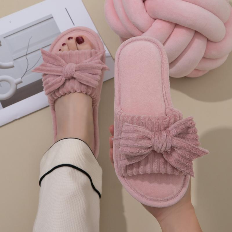Women's Plush Bow Knot Home Slippers - Open Toe Soft Indoor House Shoes for Spring & Autumn in Pink Black & White Colors