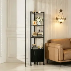 5-Tier Corner Shelf with Storage and LED Light, 62.8” Standing Corner Cabinet, Multi-Purpose Wood Display Bookshelf for Bedroom, Living Room, and Kitchen, Black Oak Finish