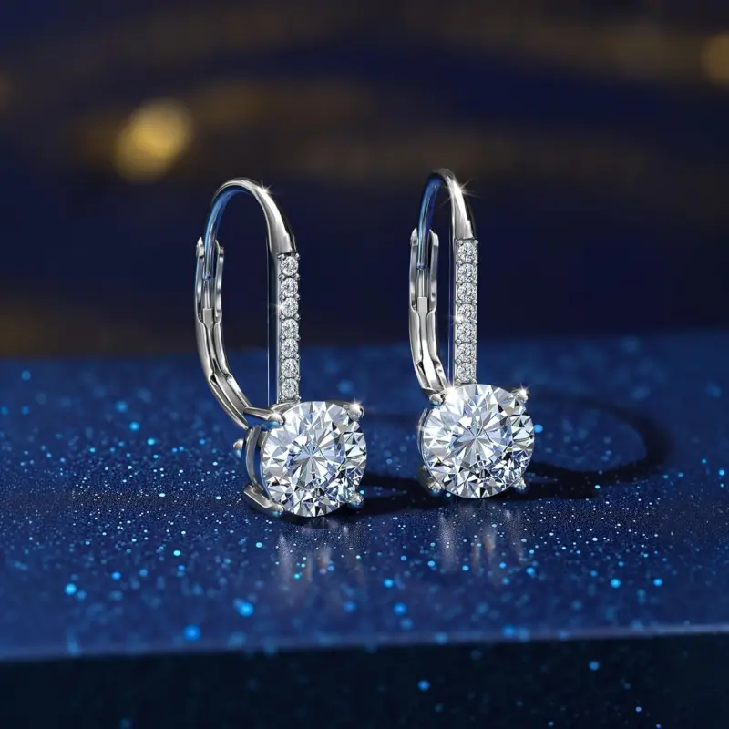 2 CT D Color VVS1 Moissanite Drop Earrings for Women, Elegant Round Cut Dangle Jewelry in 925 Sterling Silver, Wedding & Birthday Gift, Female