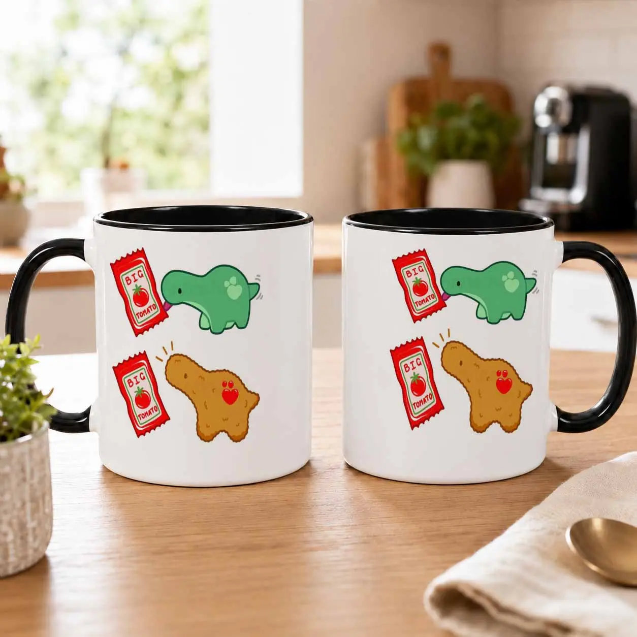 Cute Dinosaur and Chicken Nugget Mug (11oz/15oz)， Kawaii Food Graphic Print， Durable Ceramic Material， Heat Resistant Coating， Perfect for Morning Coffee， Cozy Office Desk， Funny Housewarming Present， Unique Birthday Surprise for Foodie Friends.