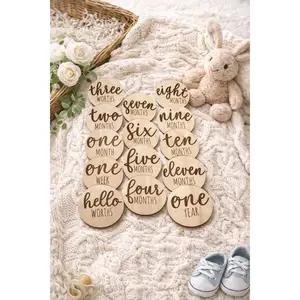 Wooden Baby Milestone Discs | One Week to One Year | Engraved Monthly Photo Prop Set | Neutral Newborn Gift