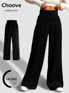 Women's Drawstring High Waisted Seam Front Wide Leg Pants, Casual Comfy Loose Fit Elastic Waist Straight Leg Pants for Daily Wear, Fashion Women Clean Girl Clothes, Fall Outfits, Fallfreshness Clothes