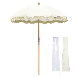 LAGarden Jazz Age Wooden Patio Fringe Umbrella 6ft 8-Rib Tilt