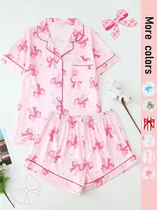 Two-piece Set Women's Bow Print Button Front Shirt & Shorts Pyjama, Casual Comfy Short Sleeve Lapel Neck Top & Shorts Pj Set, Ladies Sleepwear for All Seasons