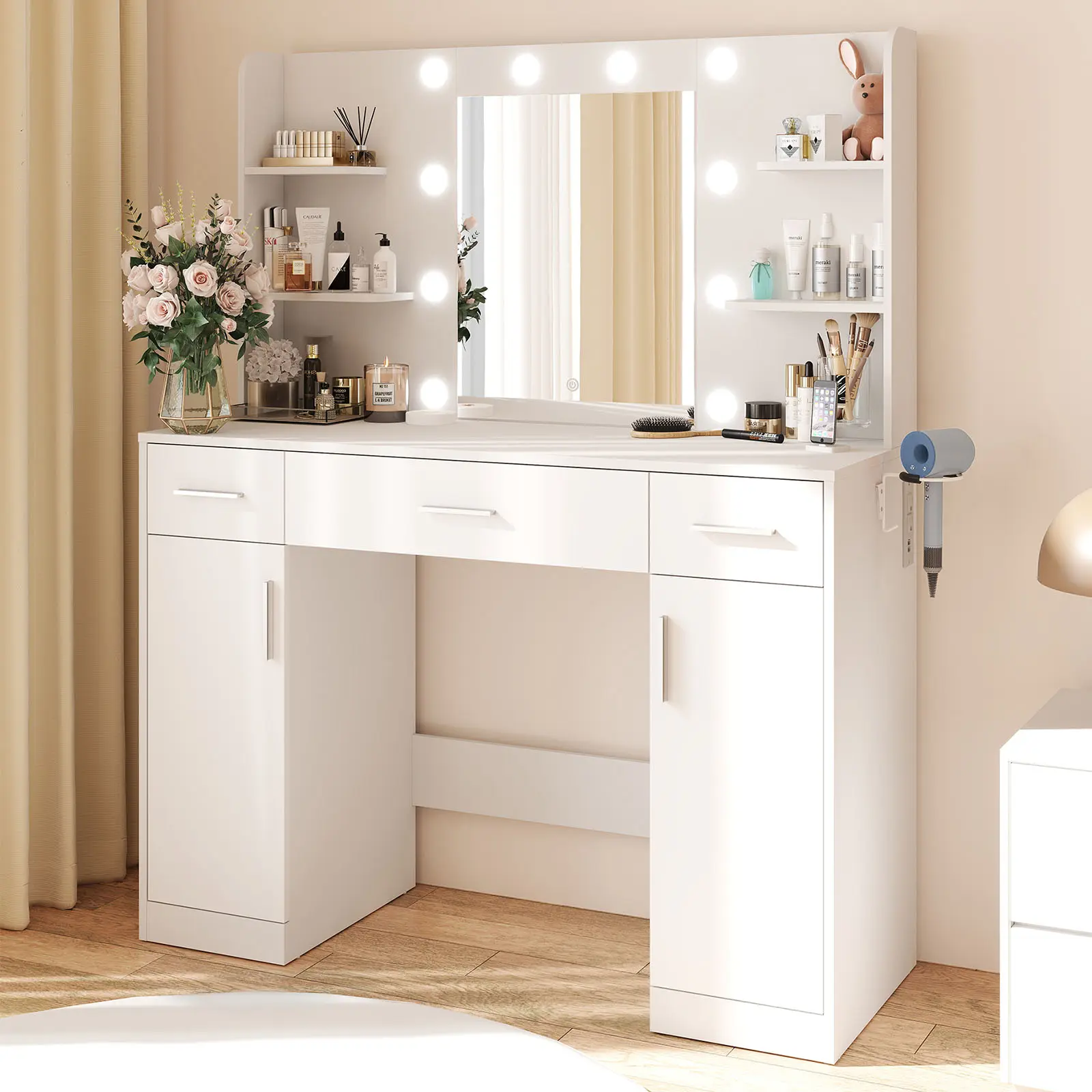 White Bedroom Dressing Vanity Table with Adjustable Lighted Mirror, Power Outlet, 3 Drawers, 4 Storage Shelves, and Matching Storage Stool