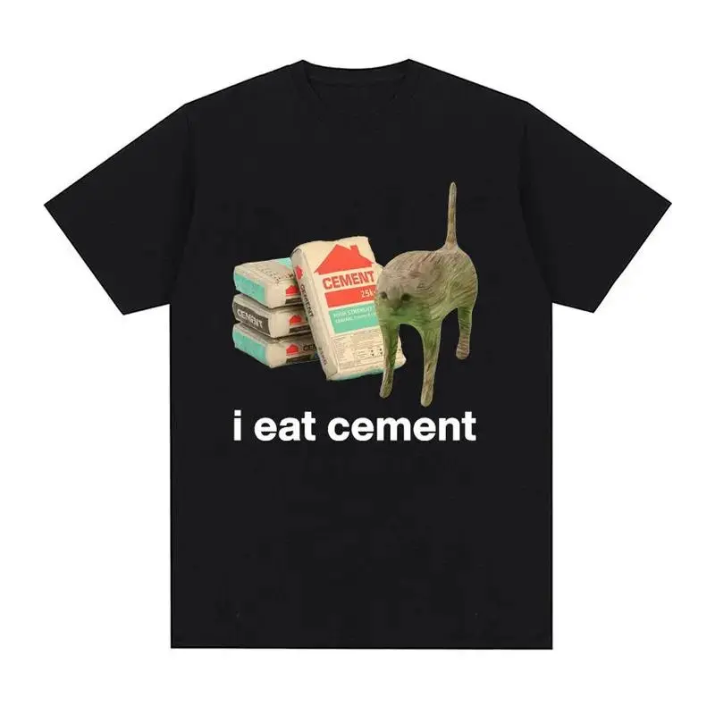 I Eat Cement Cursed Cat Funny Meme T Shirt for Men Women Fashion Casual Short Sleeve T Shirts Male Oversized Cotton T-shirt Tops Graphic Crewneck