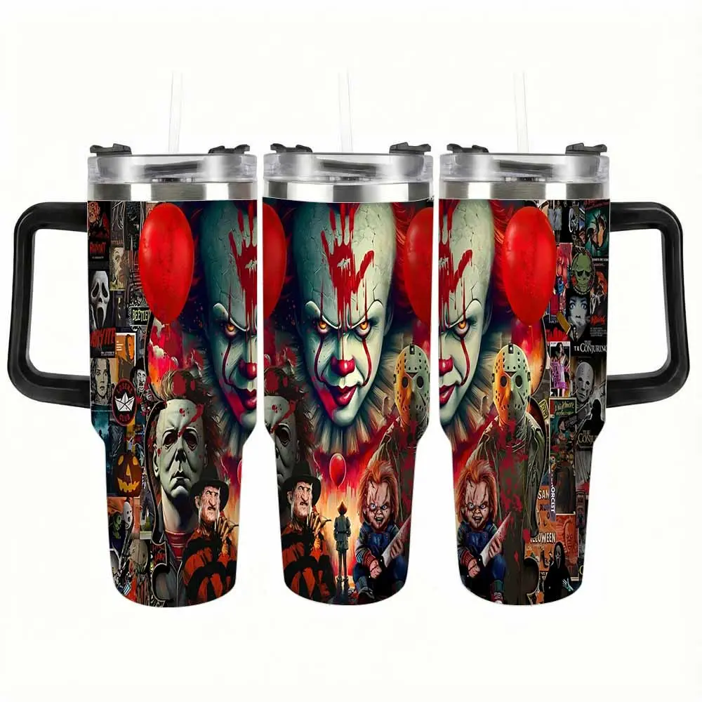 Horror Movie Characters Vacuum Insulated Stainless Steel Tumbler Cup (30oz/40oz) - Iconic Scary Villains Collage Print, Leakproof Lid, Portable Drink Flask with Insulation, Ideal for Halloween Decor, Outdoor Camping (For Dark Aesthetic Enthusiasts)