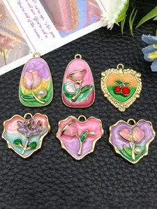 6pcs Elegant Imitation Pearl Rose Floral Enamel Pendants, Lily Orchid Alloy Charms for Necklace Earrings Keychains Accessories