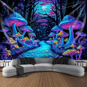 Tapestry  Bohemian Neon Tapestry | Mystical Forest & Mushroom Pathway Design | UV Reactive Polyester Wall Hanging | Vibrant Blue, Purple, Pink | No Power Needed | Ideal for Bedroom & Living Room Decor 60X40 Colorful Decoration