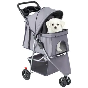 3 Wheels Pet Stroller, Dog and Cat Strollers, Storage Basket and Cup Holder, Breathable Mesh, Lightweight Travel Carrier, Waterproof and Foldable for Small Pets Outdoor Walk, Grey
