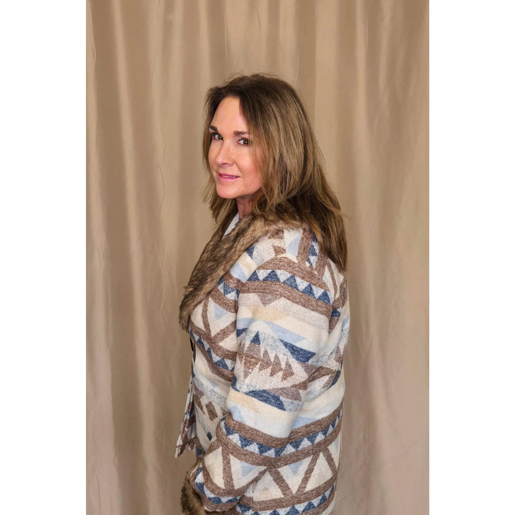 Merigold Kiss "Belle of the West" Southwest-Inspired Fur-Trimmed Western Coat — Faux Fur Lapel with Horn & Loop Closure (medium remains)
