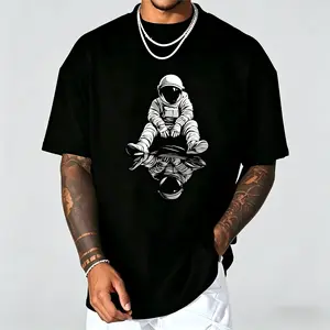 Astronaut Graphic Illustration T-Shirt for Men - Casual Crew Neck Short Sleeve, Soft Breathable Cotton, All-Season Summer Spring Everyday Top, Great Birthday Gift for Space Lovers, Outdoor Daily Wear, Streetwear, Machine Washable