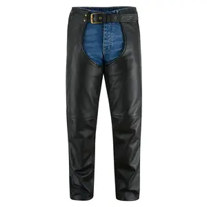 Men’s Cowhide Naked Drum Dyed Leather Motorcycle Chaps – Full Grain, Adjustable Fit, Protective & Stylish – Zipper Pockets Black