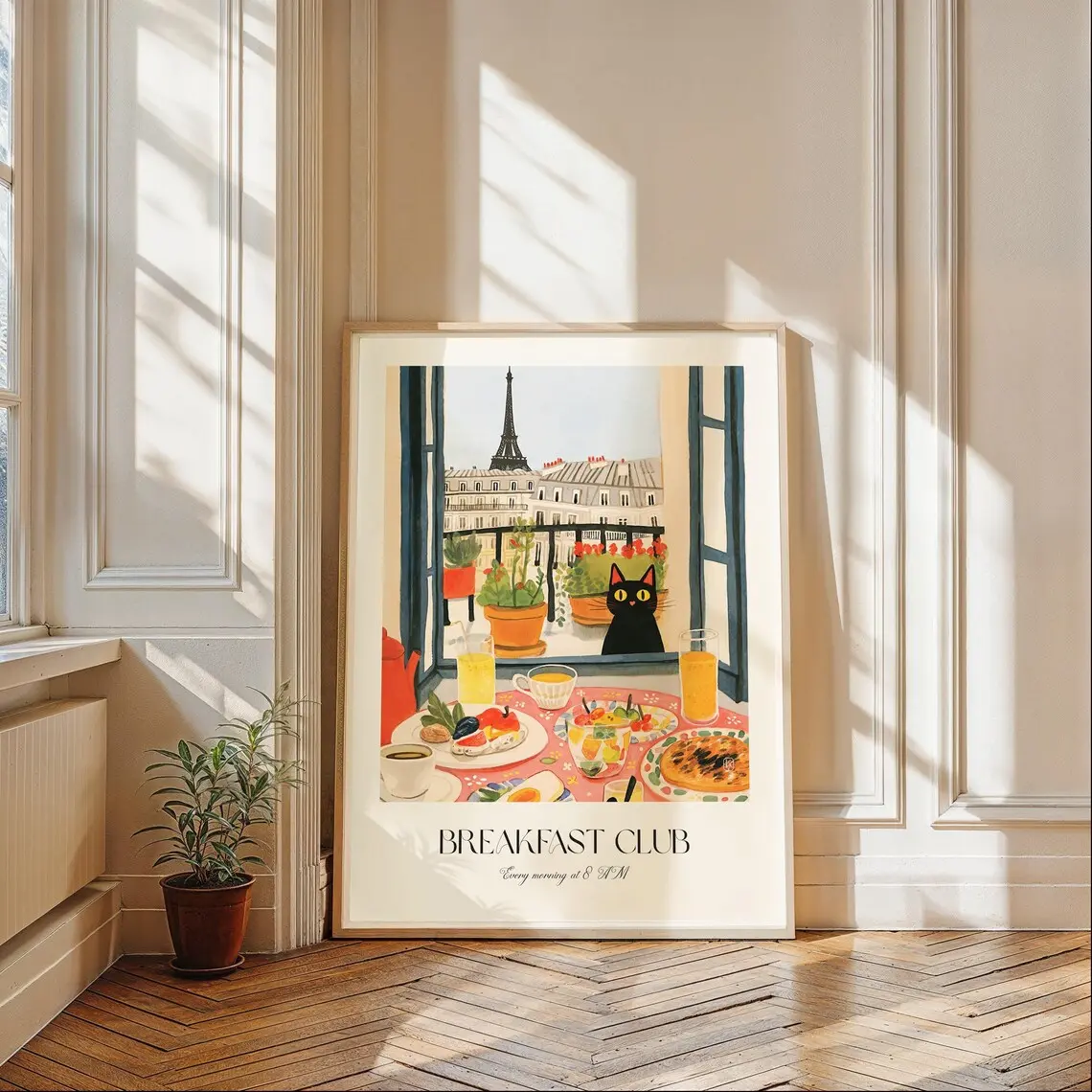 Parisian Breakfast Art Print, Poster Cat French Cafe Decor, Vintage Paris Wall Art, Poster Lovers For Gift UBV1-66