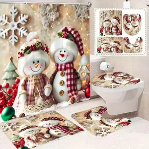 1/4 pcs Christmas-themed design with a snowman design, exquisite shower curtain set, non-slip mat, U-shaped rug, toilet seat cover, perfect for bathroom decoration, beautifies the space, and includes 12 shower curtain hooks, Bathroom Supplies