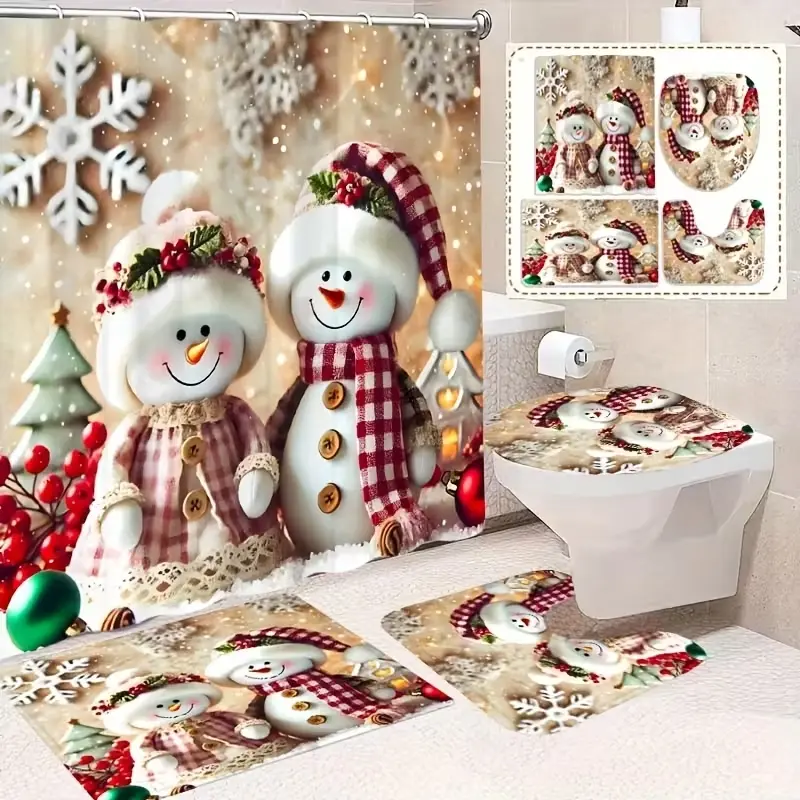 Christmas-themed snowman design, fabric shower curtain set, Shower Curtain Set With Rugs, non-slip mat, U-shaped rug, toilet seat cover, perfect for bathroom decoration, includes 12 shower curtain hooks