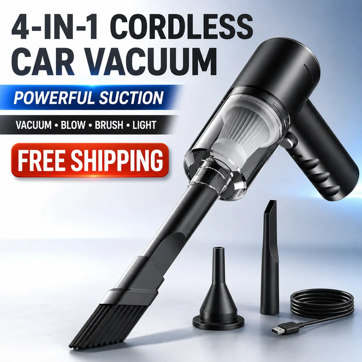 Compact Wireless Auto Car Vacuum Cleaner, Cordless Rechargeable 3-in-1 Handheld Vac with Powerful Suction, Dual Function Air Blower & LED Light for Car Cleaner Interior, Seats