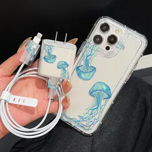 5-Piece Set: Transparent Summer Jellyfish Case + Charger Case + 2 Cable Protector Cases + Silicone Cable Tie for iPhone 11-15 Models