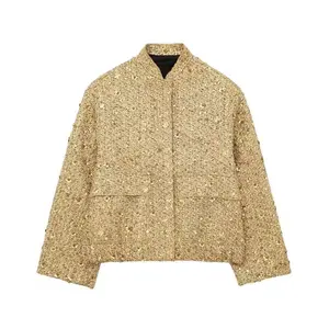 Gold Beaded Fashion Jacket/Coat with Sequin Embellishments and Zipper Closure for Women Womenswear Outerwear Tops Long Sleeve Casual