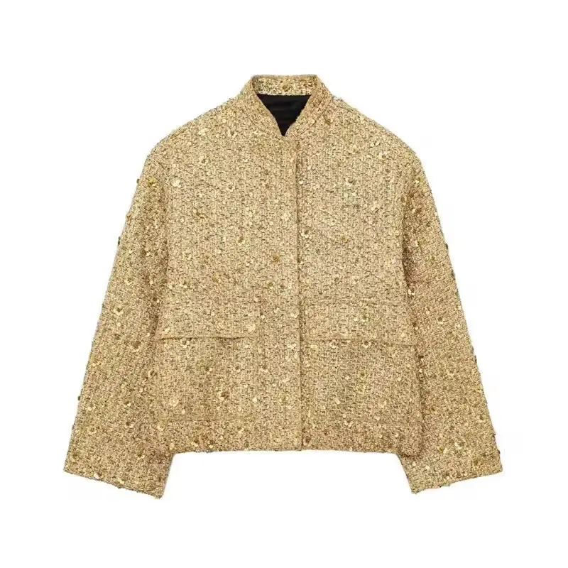 Gold Beaded Fashion Jacket/Coat with Sequin Embellishments and Zipper Closure for Women Womenswear Outerwear Tops Long Sleeve Casual currently on back order. Ship DATE: June 15-26