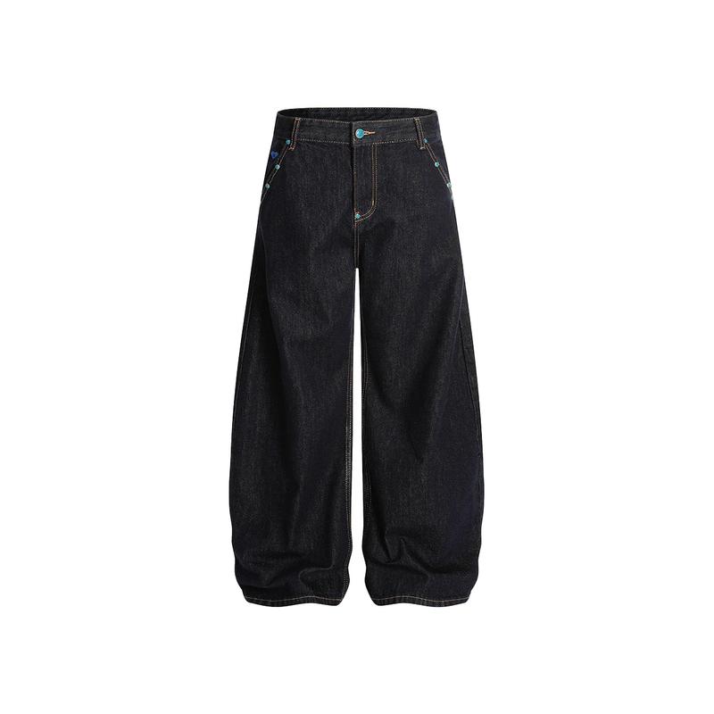 Aelfric Eden Vintage Rivet Raw Baggy Barrel Jeans Mid-low Rise Baggy Jeans Unisex Stretchy Wide Leg Distressed Pants Lady Basic Minimalist Comfortable Denim Tummy Control Curve Hugging Plus Size Regular Size BBL