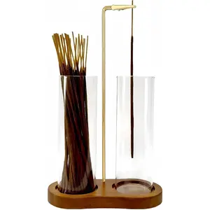 2 in 1 Glass Incense Holder Incense Sticks Burner with Storage, Upside Down Hanging Incense Holder with Glass Ash Catcher for Meditation Yoga Spa Room Decor (Brown)