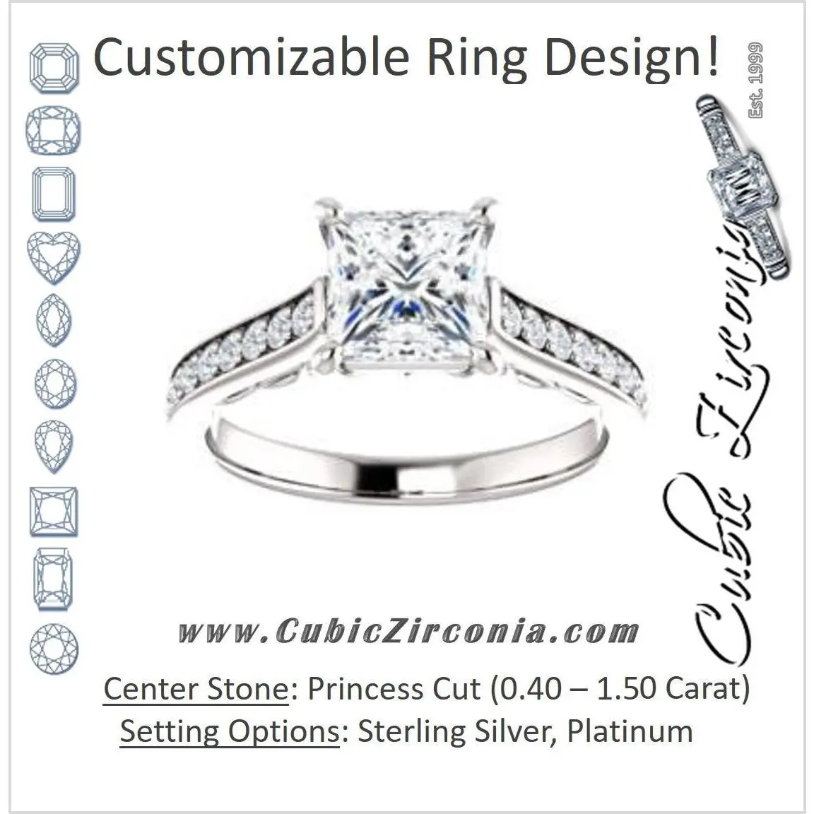 Cubic Zirconia Engagement Ring- The Jamiyah (Customizable Princess Cut Design with Decorative Trellis Engraving and Pavé Band)