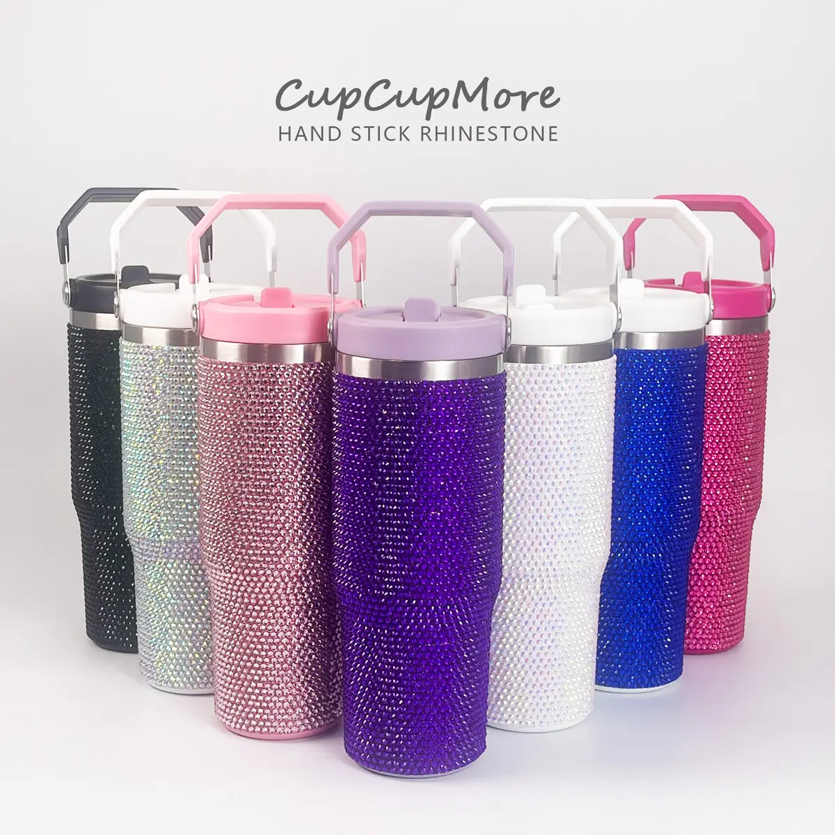 Cupcupmore Glam 30 oz Sippy Tumbler - 18/8 Stainless Steel Feels Premium, 500-1000 ml Capacity, BPA-Free Vacuum Insulated Water Container, Easy Grip Handle, Flip Straw Lid, Leakproof, Car Cup Holder Compatible, Durable for Daily Use & Adventures, Rhinesto