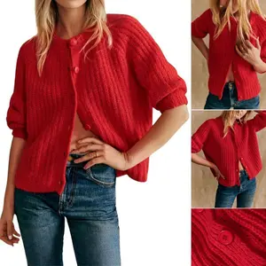 2025 women's casual long sleeved round neck button down cardigan soft sweater loose long sleeved knitted outerwear suitable for autumn clothing knitted top women's casual