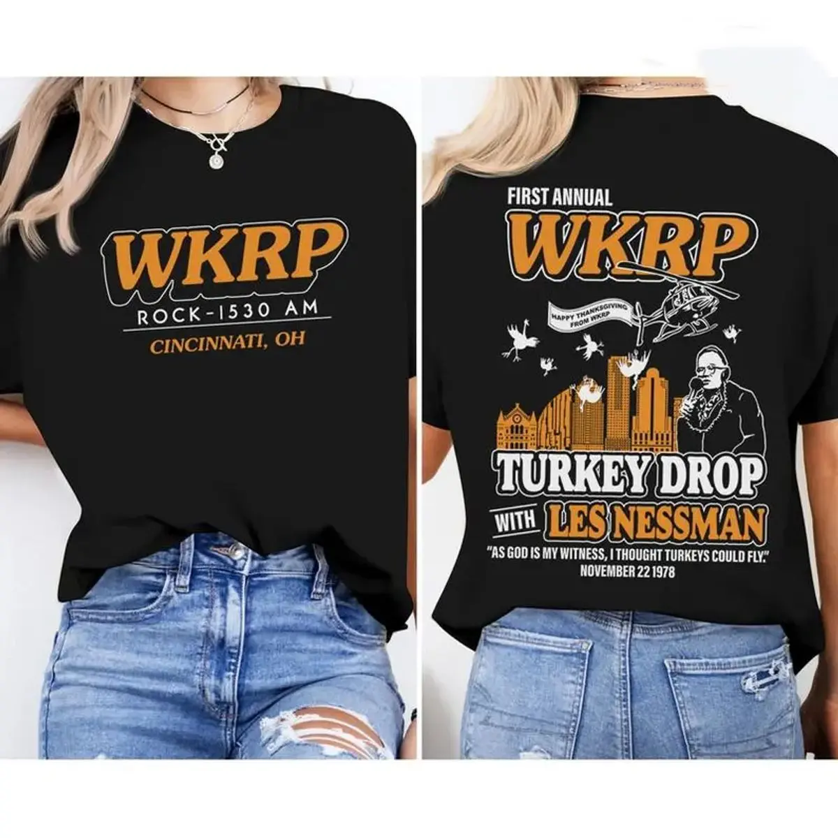 First Annual Wkrp Turkey Drop Two Sides Tshirt Sweatshirt Hoodie, Thanksgiving Wkrp Shirt, Thanksgiving Day Gifts, Unisex Short Sleeve Tee, Graphic Streetwear T-Shirt Tops Crewneck Casual