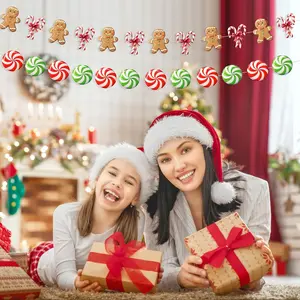 Gingerbread Christmas Decorations Red Green Candy Banner Paper Hanging Gingerbread Men Banner Garland for Christmas Tree Sweet Holiday Kids'Room Classroom(14 ft)