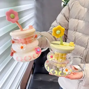 Cute Flower Glass Mug Cup with Flower Straw, Supports Straw Drinking and Direct Drinking, Meets Different Drinking Needs, Perfect for Everyday Use, Drinkware