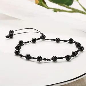 Natural Black Obsidian Stone Anklet Bracelet Black Gemstone Braided Anklet Bracelet Healing Spiritual Meditation Bracelet Anxiety Stress Relief Minimalist stone bracelet Triple Protection