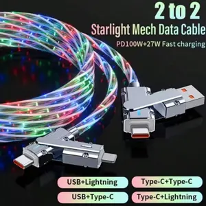 New Starry Sky LED Multicolor Fast Charging Cable 100W LED USB Cable 4in 1 fast charging zinc alloy type c USB Lightning data Cable, Power Delivery Cable, Multidevice Charging, Stylish Charging Cord, Aesthetic Charging Wire, Reinforced Connector