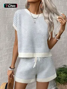Elegant Women's Spring Summer Fashion Casual Home Leisure Weekend Holiday Travel Beach Vacation Solid Knit Striped Ribbed Hollow Round Neck Sleeveless Sweater Set